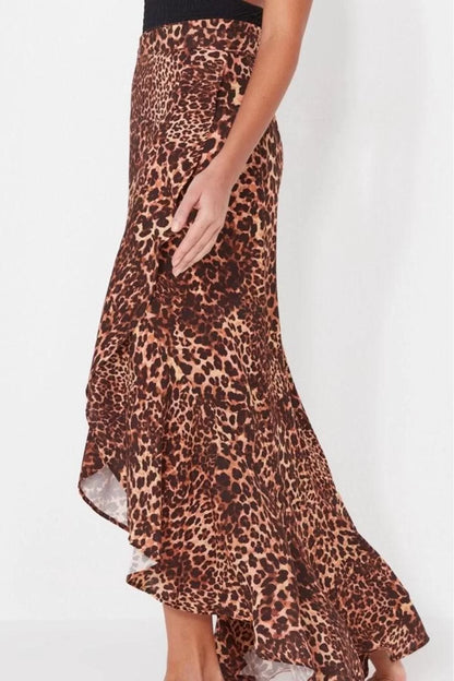 Women Fashion Style Long Unlined Woven Animal Pattern Maxi Woven Flounce Skirt