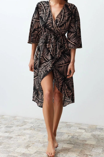 Women Fashion Stylish Midi Length Crew Neck Regular Ethnic Patterned Woven Flounce Beach Dress