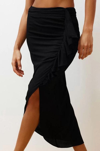 Women Fashion Style Maxi Unlined Woven Black Midi Woven Flounce Skirt