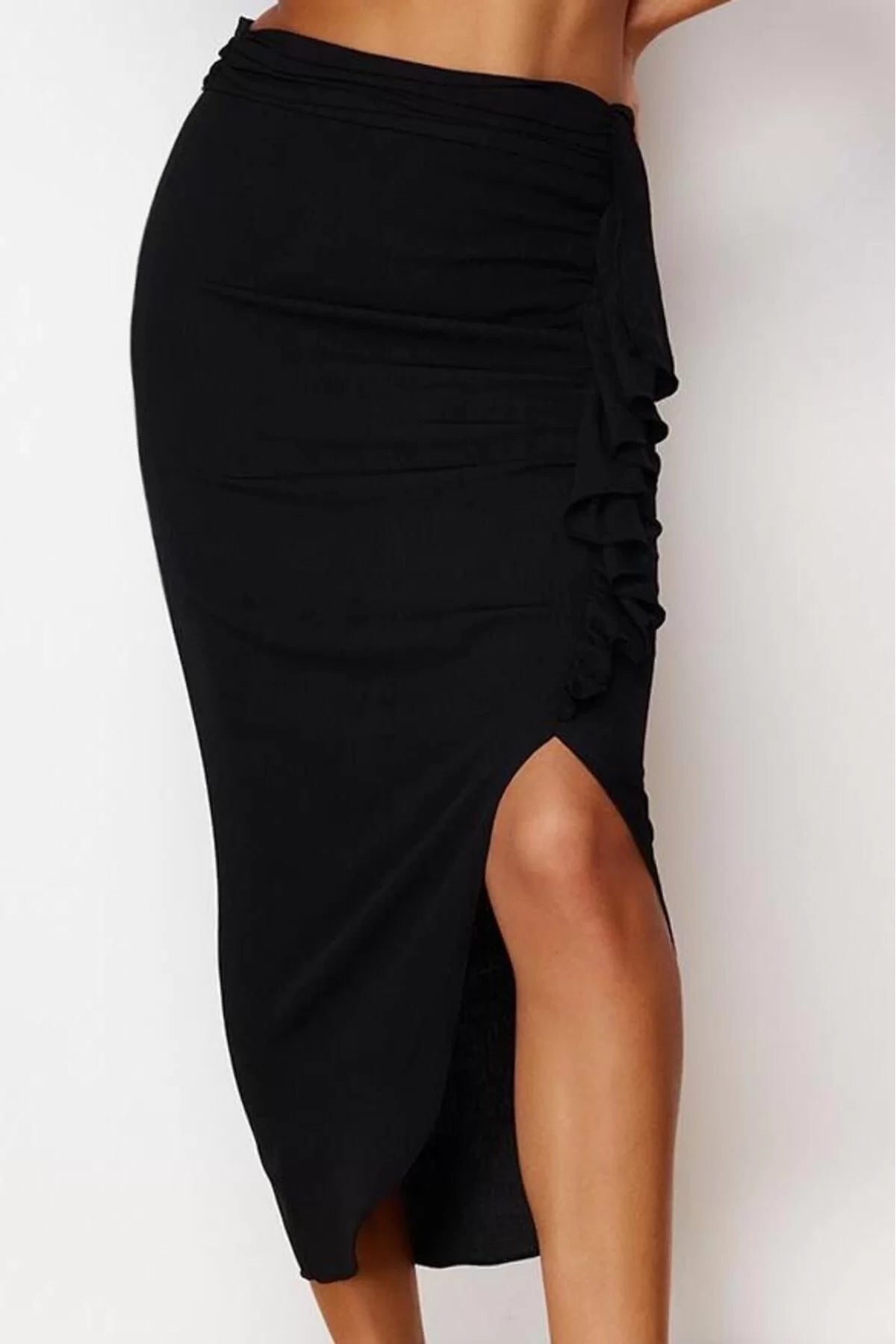 Women Fashion Style Maxi Unlined Woven Black Midi Woven Flounce Skirt