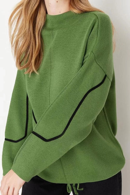 Women Fashion Stylish Hijab Stand Collar Low Sleeve Regular Green Stripe Piping Detailed Knitwear Sweater