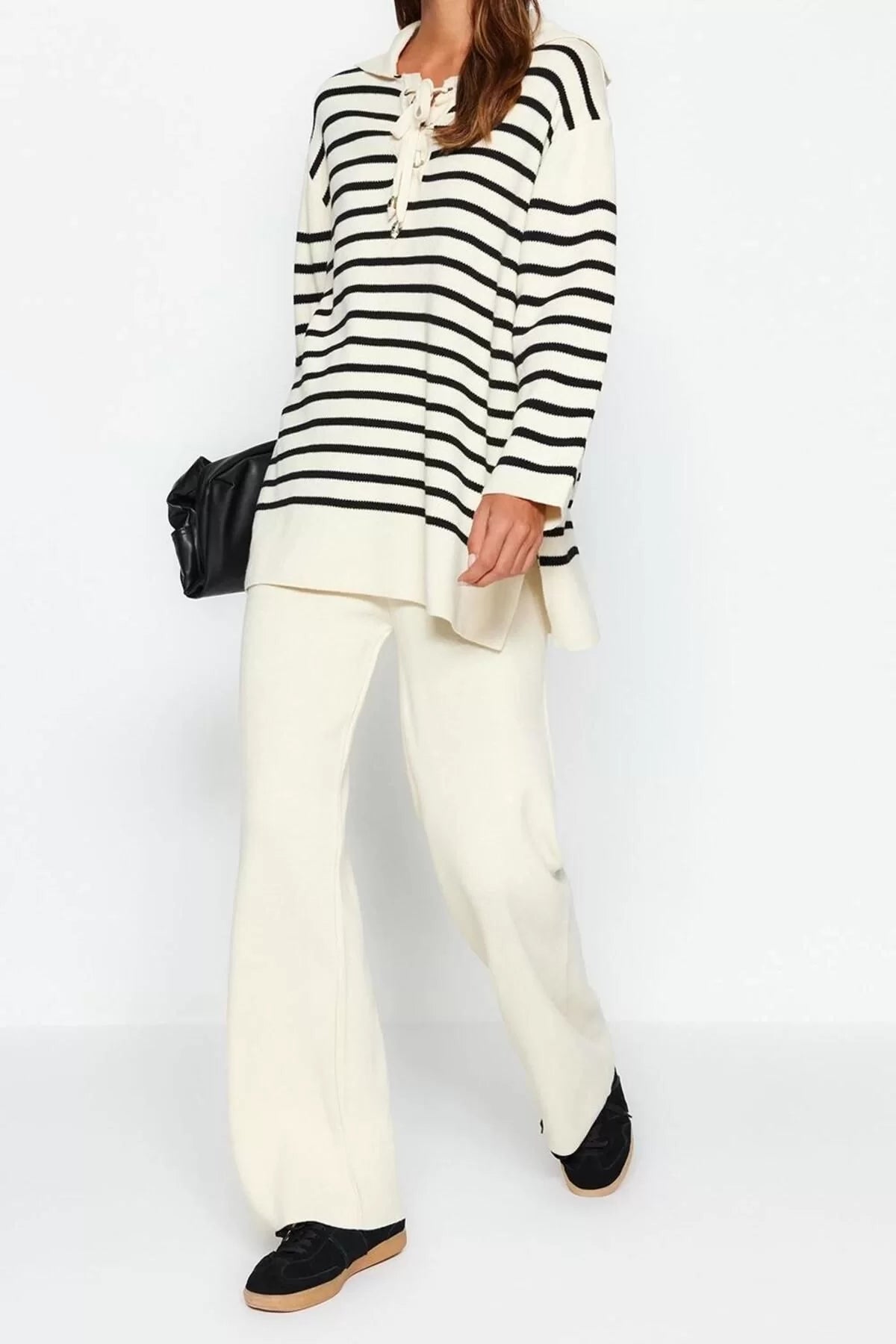 Women Fashion Stylish Regular Length Striped Collar Tie Detailed Sweater-Pants Knitwear Bottom-Top Set