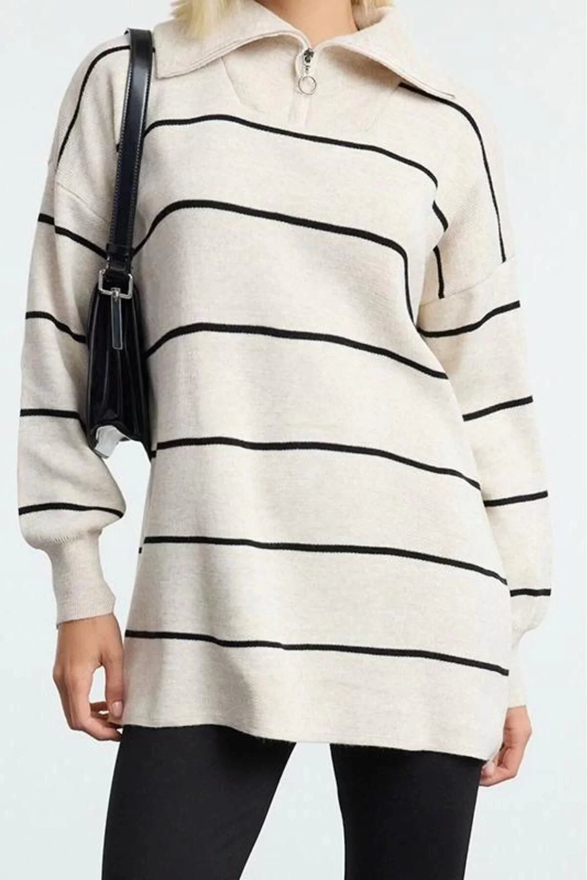 Women Fashion Stylish Hijab Stand Collar Low Sleeve Long Striped Turn-down Collar Zipper Detailed Knitwear Sweater