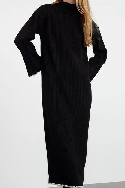 Women Fashion Stylish Hijab Maxi Length Crew Neck Relaxed Stitching Detailed Long Knit Dress