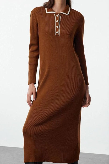 Women Fashion Stylish Hijab Maxi Length Polo Neck Fitted Collar Piping Knitwear Dress