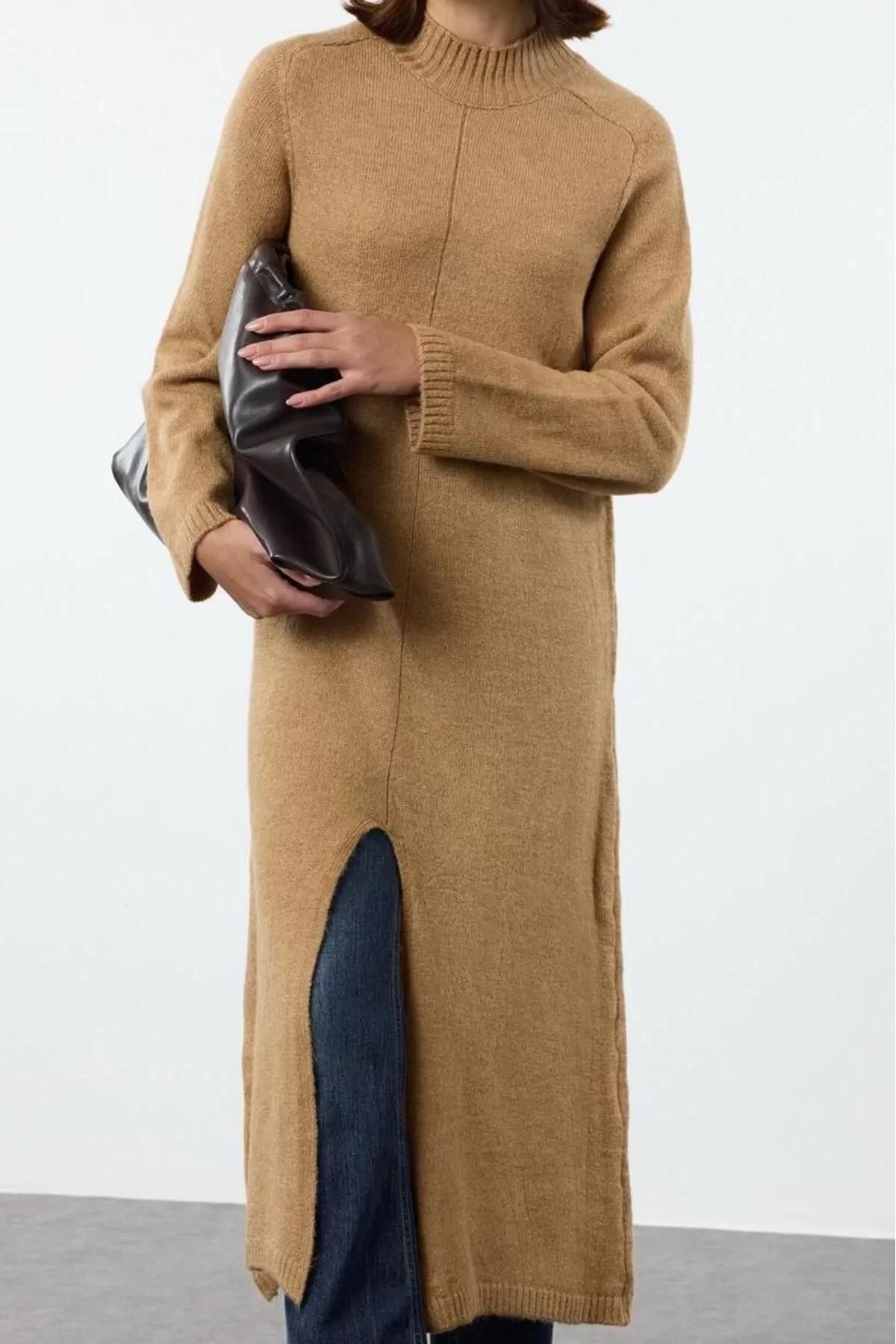 Women Fashion Stylish Hijab Maxi Length Half Turtleneck Relaxed Soft Textured Knitwear Tunic Dress