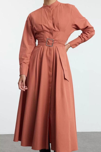 Women Fashion Stylish Hijab Maxi Length Judge Collar Regular Belted Pleated Detailed Woven Dress