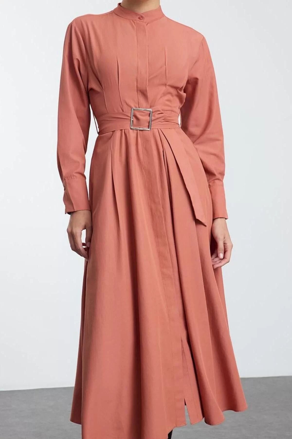 Women Fashion Stylish Hijab Maxi Length Judge Collar Regular Belted Pleated Detailed Woven Dress