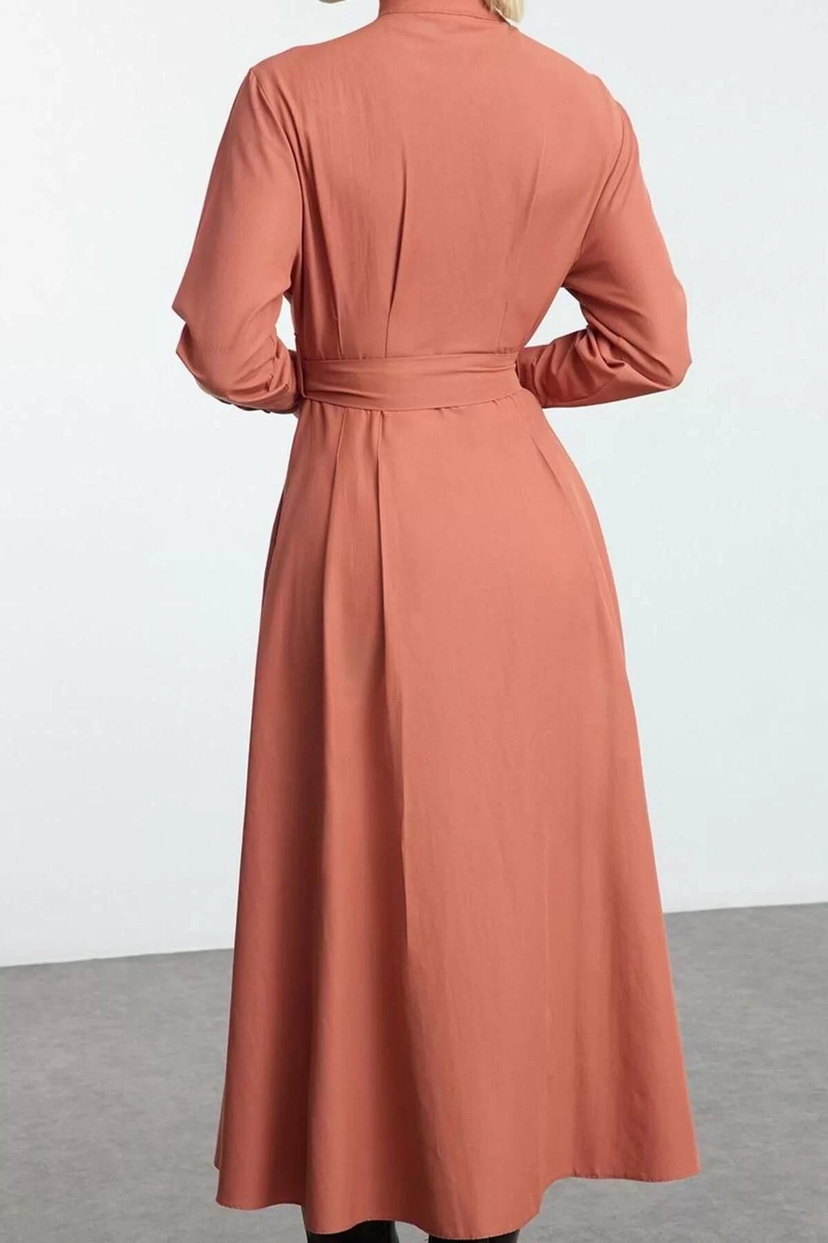 Women Fashion Stylish Hijab Maxi Length Judge Collar Regular Belted Pleated Detailed Woven Dress