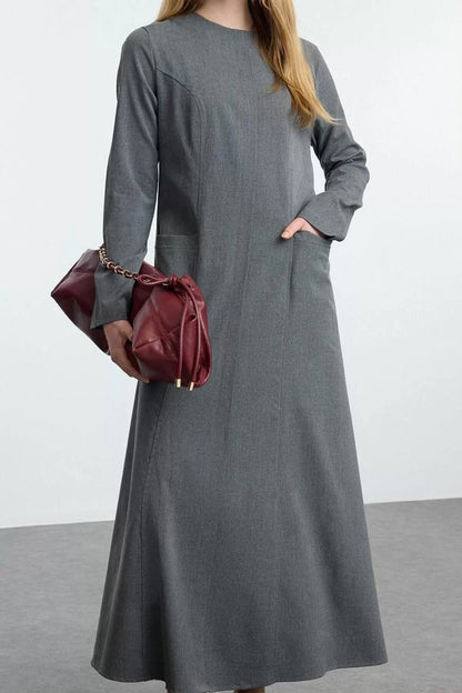 Women Fashion Stylish Hijab Maxi Length Crew Neck Fitted Pocket Detailed Woven Dress