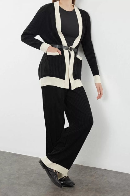 Women Fashion Stylish Regular Length Long Sleeve Ribbed Knitted Sweater Cardigan Trousers Top-Bottom Set