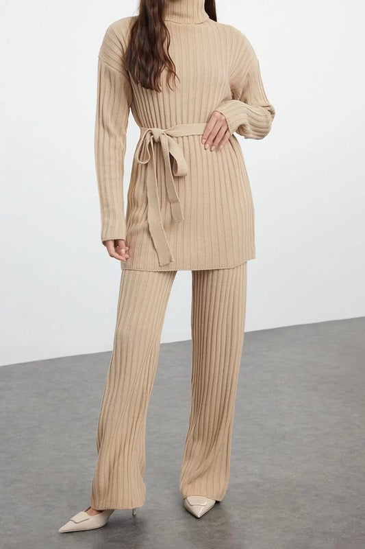 Women Fashion Stylish Wide Leg Regular Length Long Sleeve Dark Beige Ribbed Knitwear Sweater Trousers Top-Bottom Set