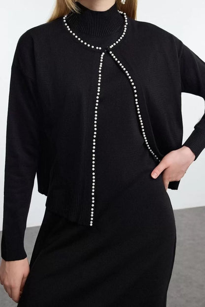 Women Fashion Stylish Regular Length Long Sleeve Pearl Knitted Dress Cardigan Set