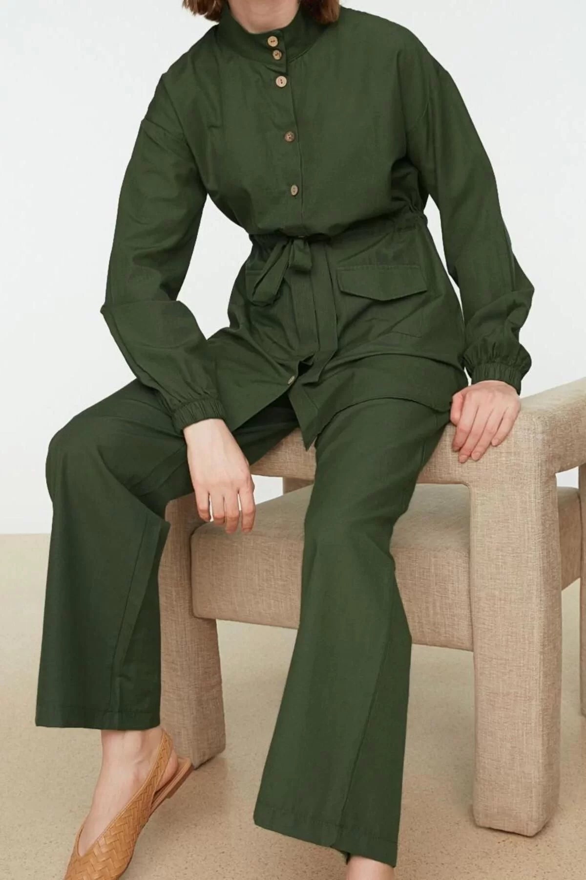 Women Fashion Stylish Straight Leg Regular Length Long Sleeve Stand Collar Belted Shirt-Pants Woven Set