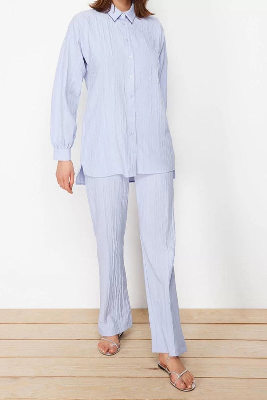 Women's Fashion Stylish Wide Leg Long Length Light Blue Long Back Wide Leg Shirt-Pants Woven Suit