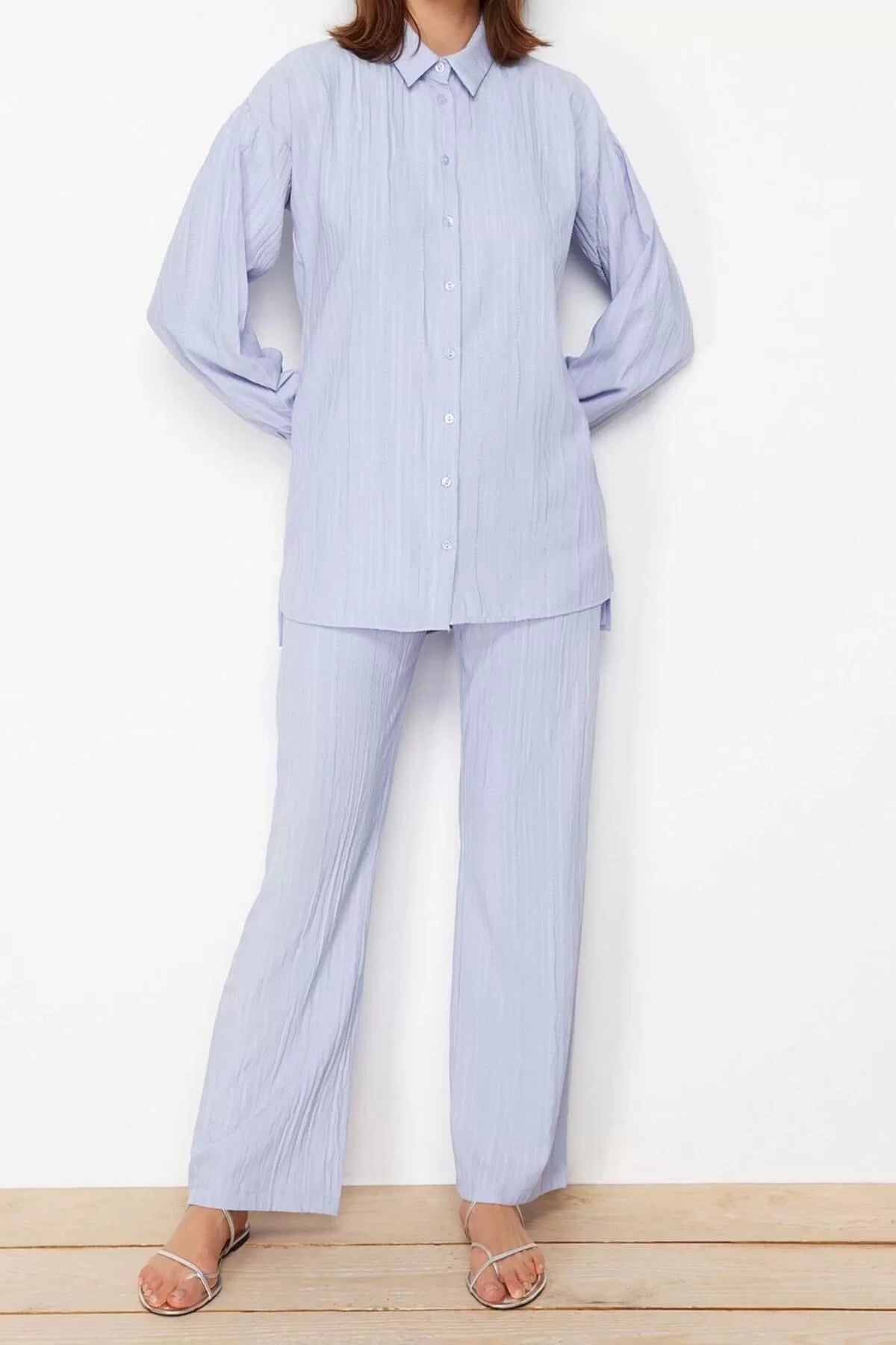 Women's Fashion Stylish Wide Leg Long Length Light Blue Long Back Wide Leg Shirt-Pants Woven Suit