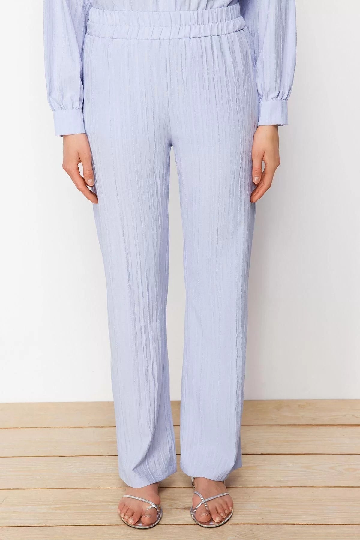 Women's Fashion Stylish Wide Leg Long Length Light Blue Long Back Wide Leg Shirt-Pants Woven Suit