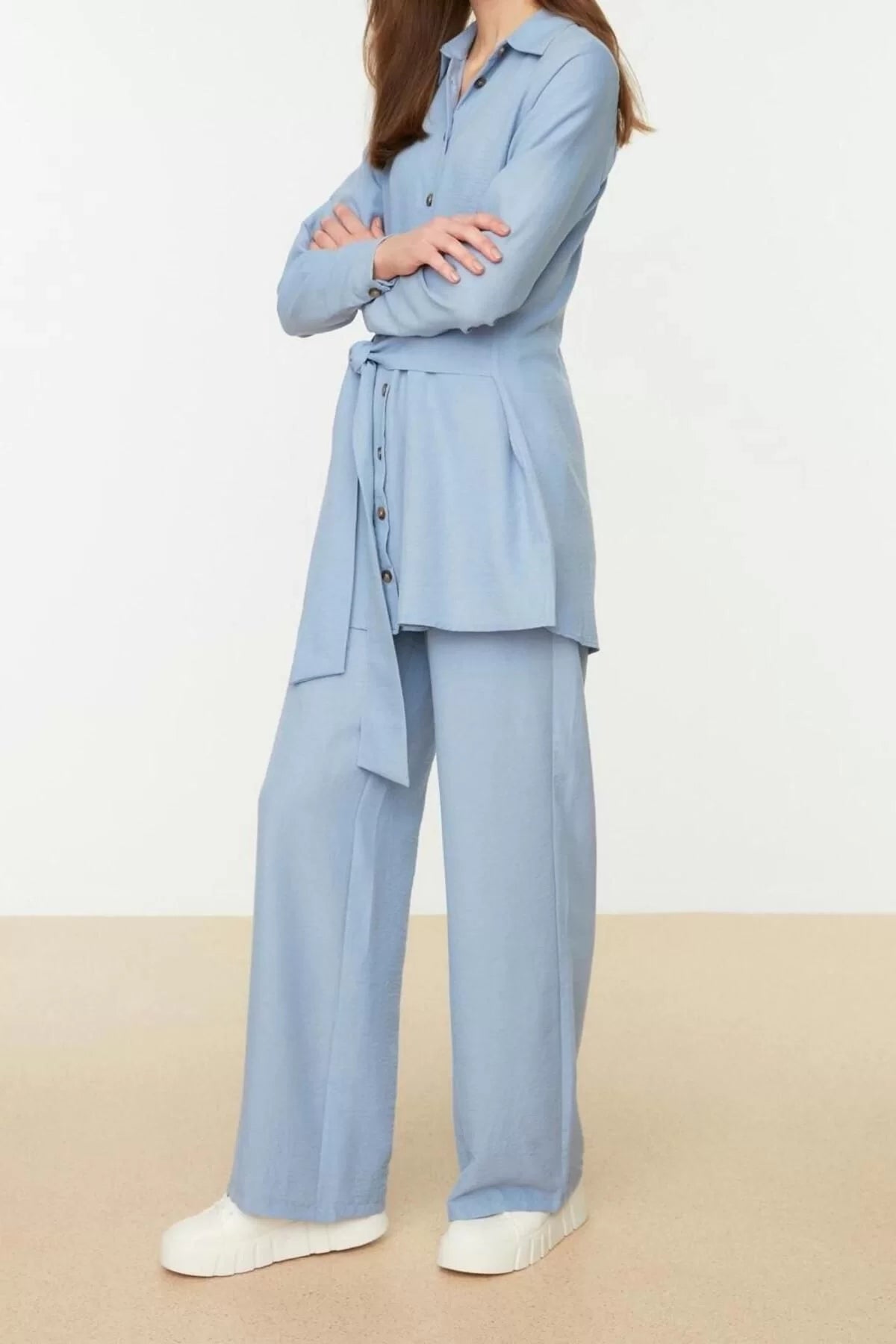 Women's Fashion Stylish Wide Leg Long Sleeve Belted Wide Leg Woven Aerobin Shirt-Pants Set