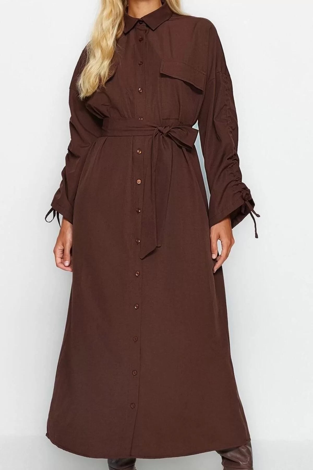 Women's Hijab Maxi Length Oversize Belted Adjustable Sleeves Cotton Woven Shirt Dress