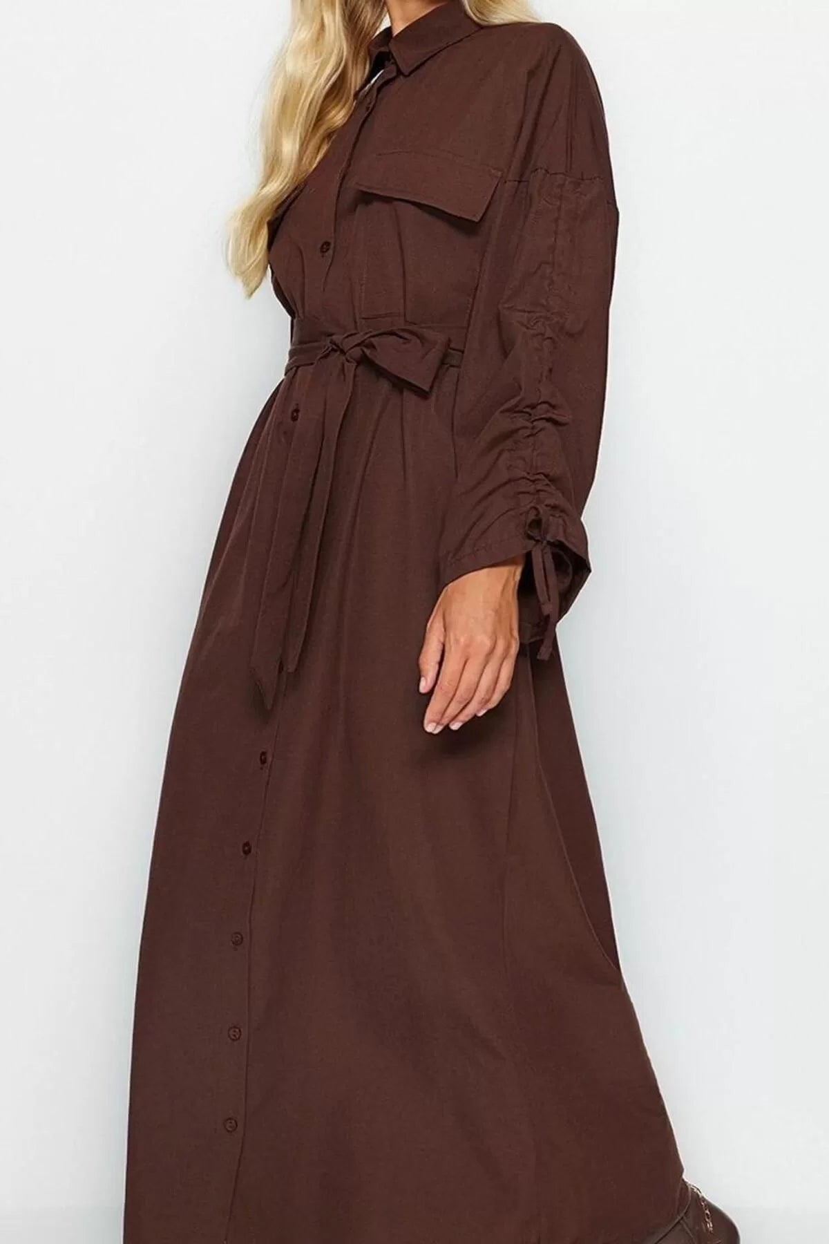 Women's Hijab Maxi Length Oversize Belted Adjustable Sleeves Cotton Woven Shirt Dress