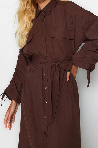 Women's Hijab Maxi Length Oversize Belted Adjustable Sleeves Cotton Woven Shirt Dress