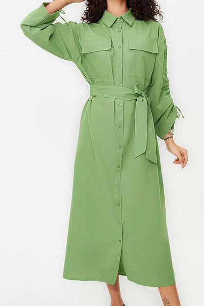 Women's Hijab Maxi Length Oversize Belted Adjustable Sleeves Cotton Woven Shirt Dress