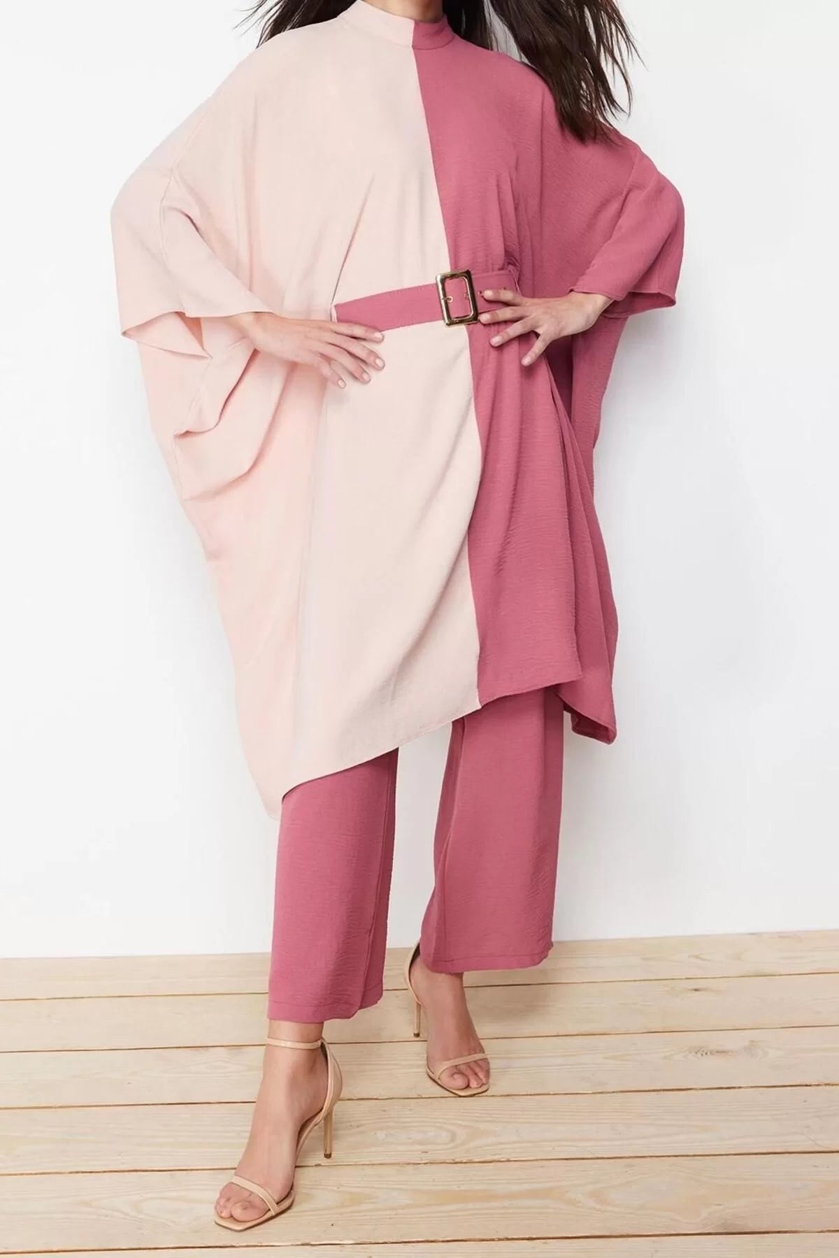 Women's Fashion Stylish Wide Leg Midi Length Long Sleeve Color Block Waist Belted Tunic-Pants Woven Set