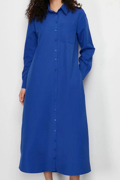 Women Fashion Stylish Hijab Maxi Length Shirt Collar Regular Plain Woven Shirt Dress