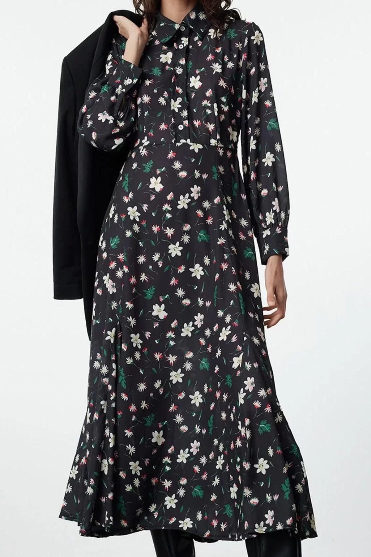 Women Fashion Stylish Hijab Maxi Length Judge Collar Regular Woven Floral Patterned Dress