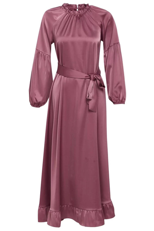 Women Fashion Stylish Hijab Maxi Length Stand Collar Regular Satin Belt Detailed Woven Dress