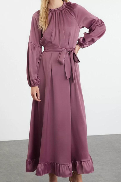 Women Fashion Stylish Hijab Maxi Length Stand Collar Regular Satin Belt Detailed Woven Dress