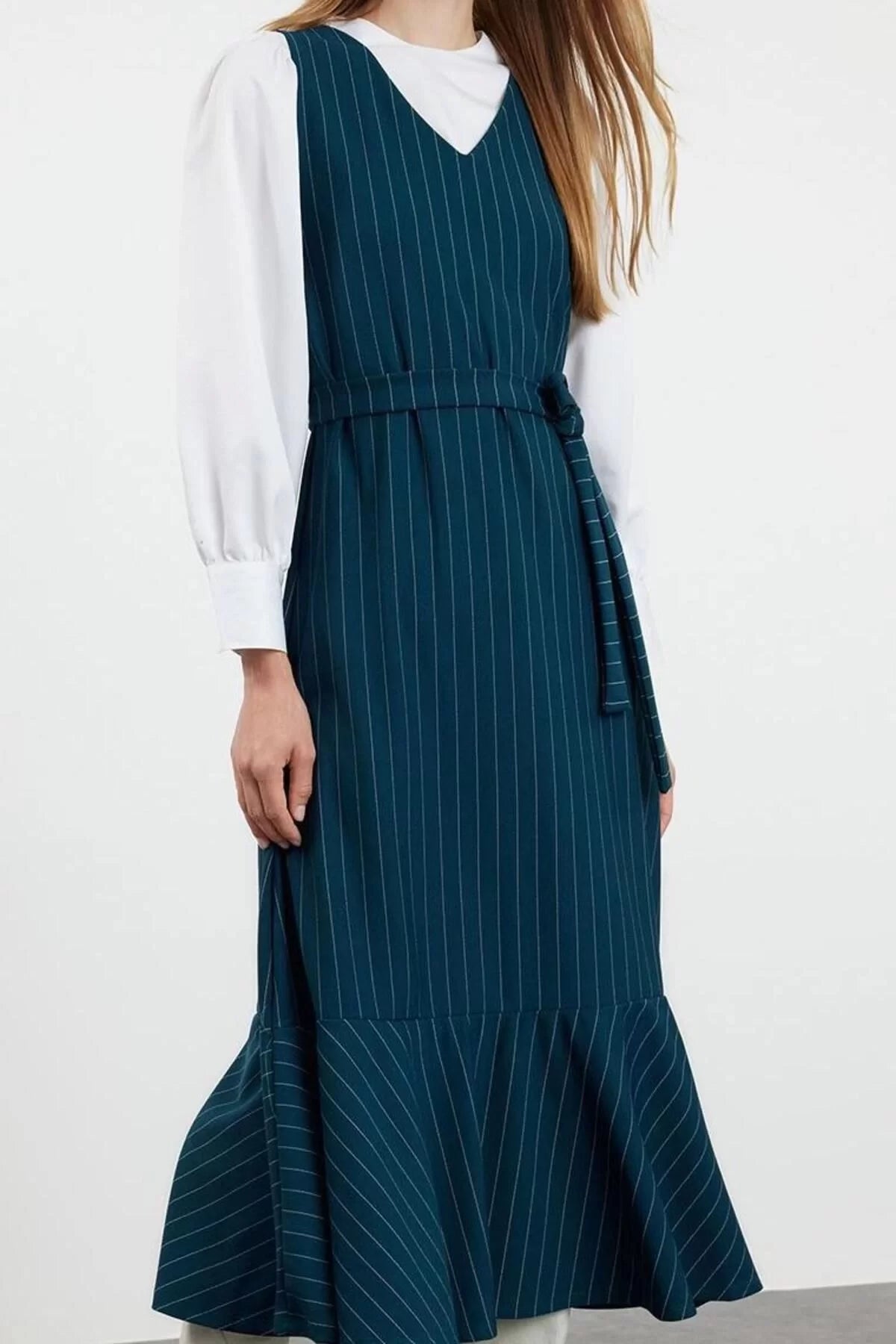 Women Fashion Stylish Hijab Long V Neck Relaxed Striped Woven Vest Dress