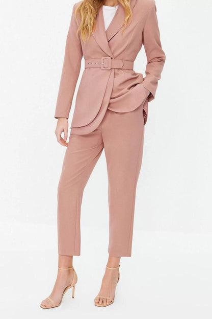 Women Fashion Stylish Regular Length Long Sleeve Belted Crepe Lined Jacket Trousers Woven Bottom Top Set