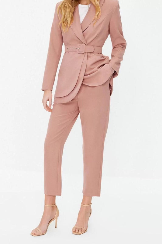 Women Fashion Stylish Regular Length Long Sleeve Belted Crepe Lined Jacket Trousers Woven Bottom Top Set