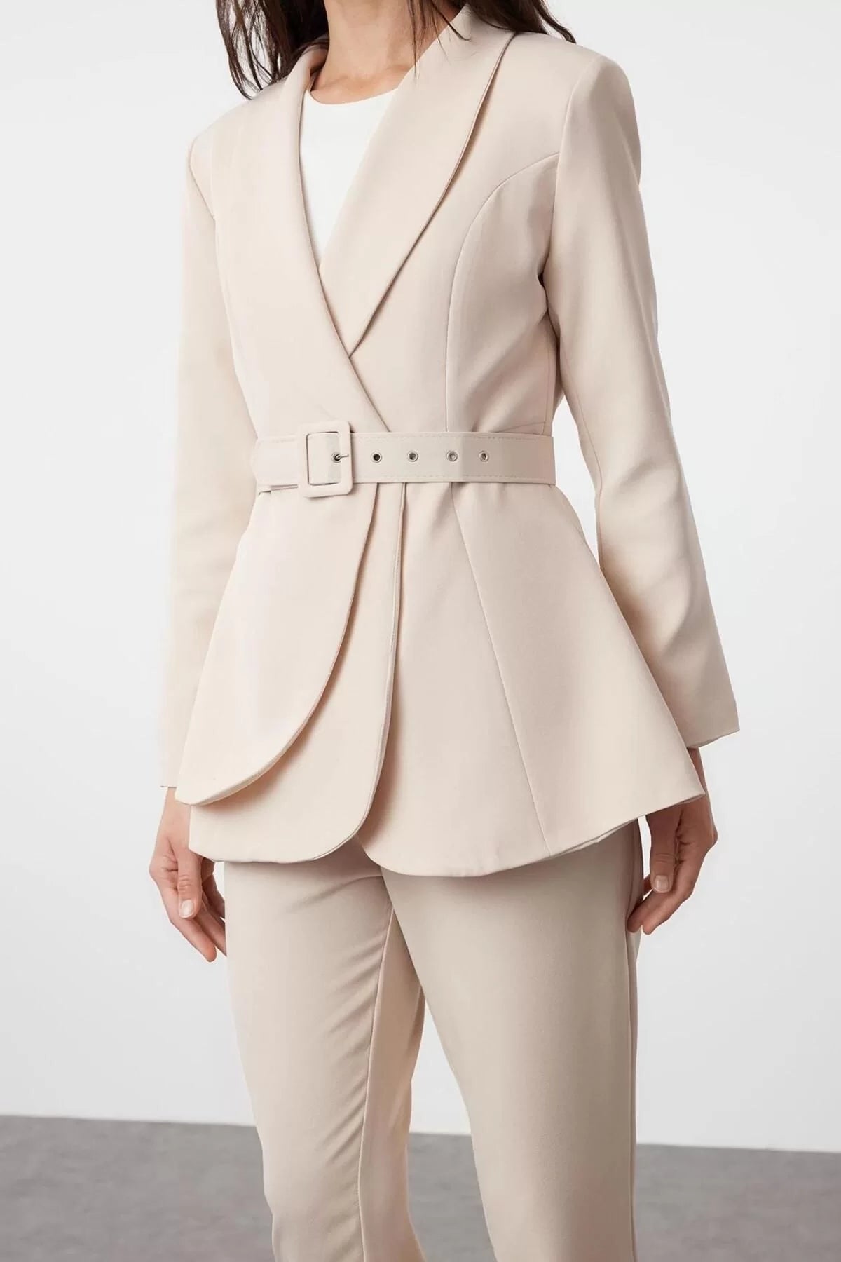 Women Fashion Stylish Regular Length Long Sleeve Belted Crepe Lined Jacket Trousers Woven Bottom Top Set