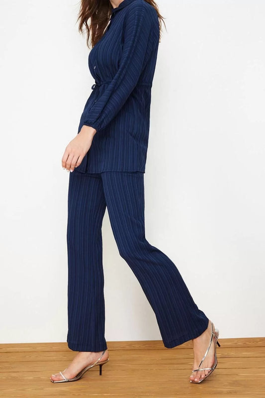 Women Fashion Stylish Regular Length Long Sleeve Crinkle Shirt Trousers Woven Bottom Top Set