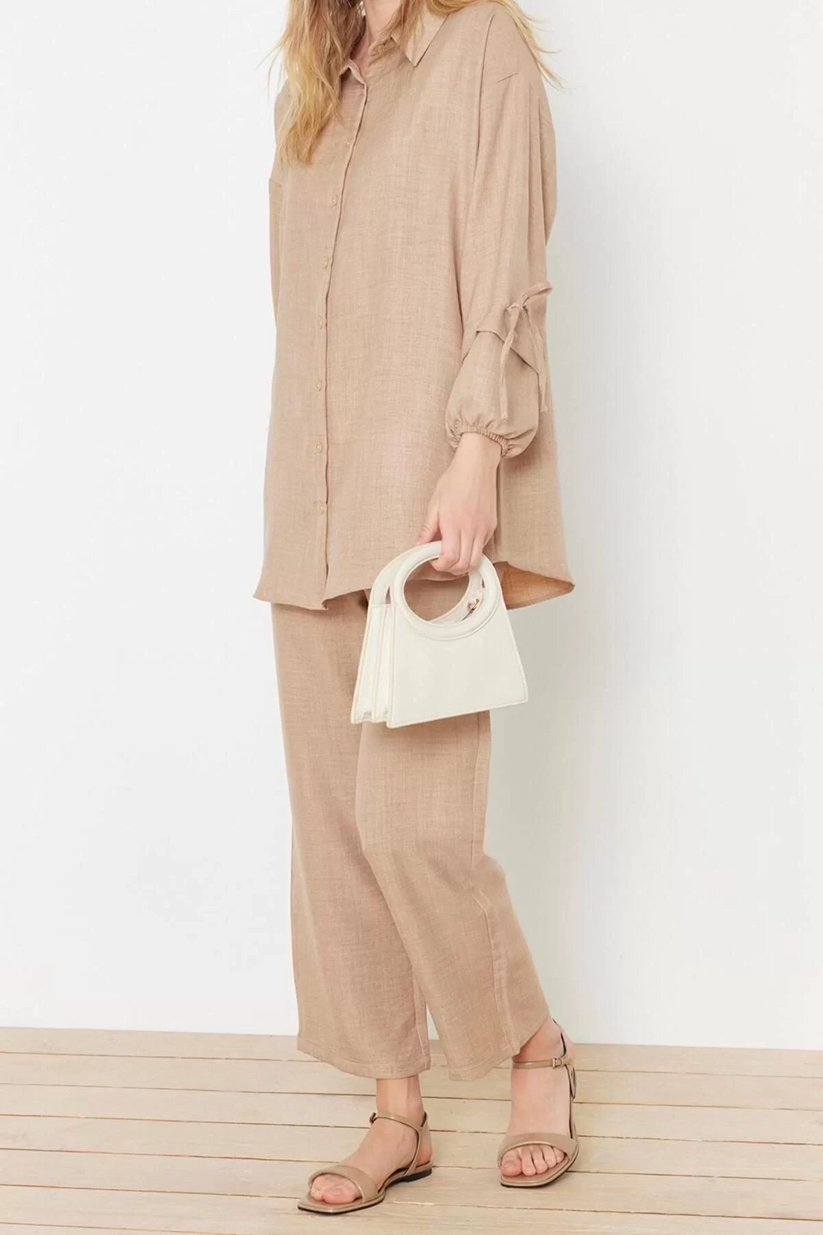 Women's Fashion Stylish Regular Length Long Sleeve Linen Look Woven Bottom-Top Set