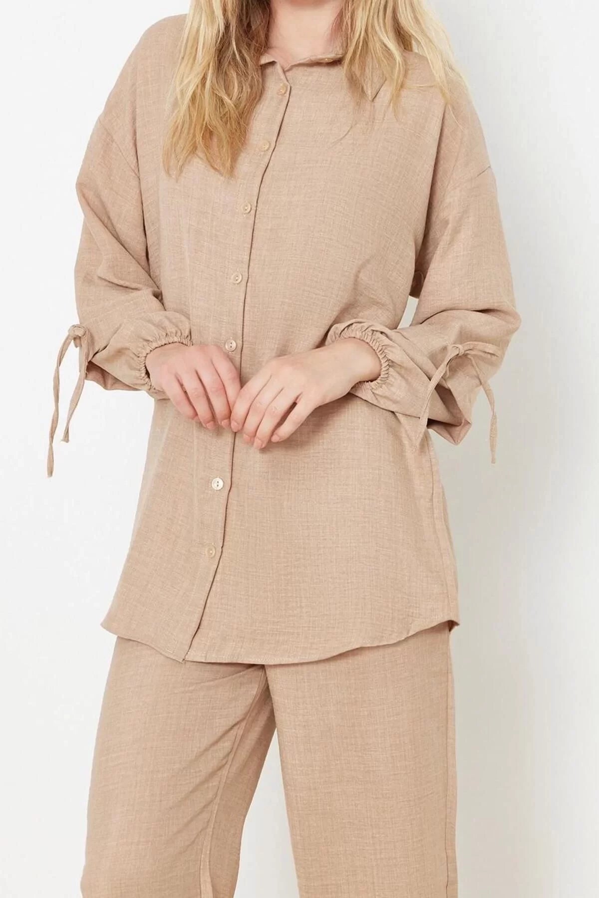 Women's Fashion Stylish Regular Length Long Sleeve Linen Look Woven Bottom-Top Set