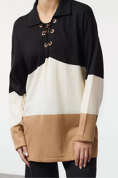 Women Fashion Stylish Hijab V Neck Low Sleeve Eyelet Detail Color Block Striped Knitwear Sweater