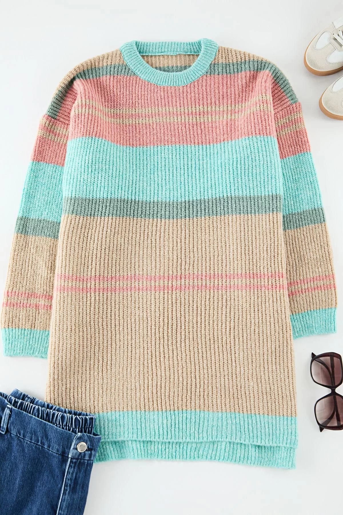 Women Fashion Stylish Plus Size Crew Neck Low Sleeve Long Striped Side Slit Knitwear Sweater