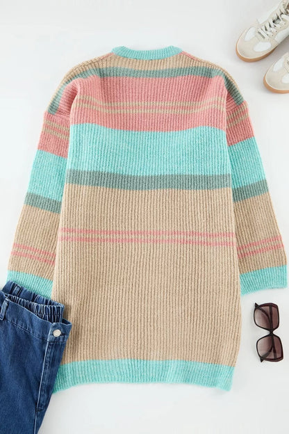 Women Fashion Stylish Plus Size Crew Neck Low Sleeve Long Striped Side Slit Knitwear Sweater