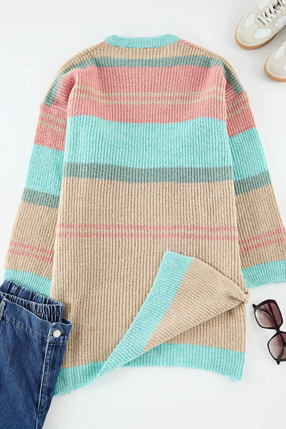 Women Fashion Stylish Plus Size Crew Neck Low Sleeve Long Striped Side Slit Knitwear Sweater