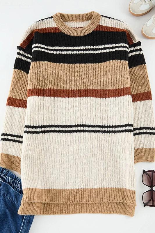 Women Fashion Stylish Plus Size Crew Neck Low Sleeve Long Striped Side Slit Knitwear Sweater