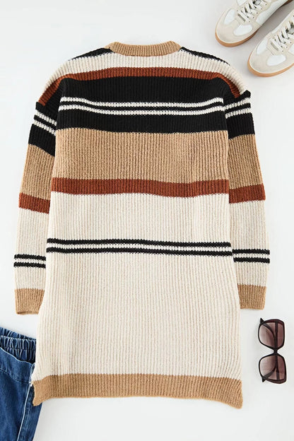 Women Fashion Stylish Plus Size Crew Neck Low Sleeve Long Striped Side Slit Knitwear Sweater