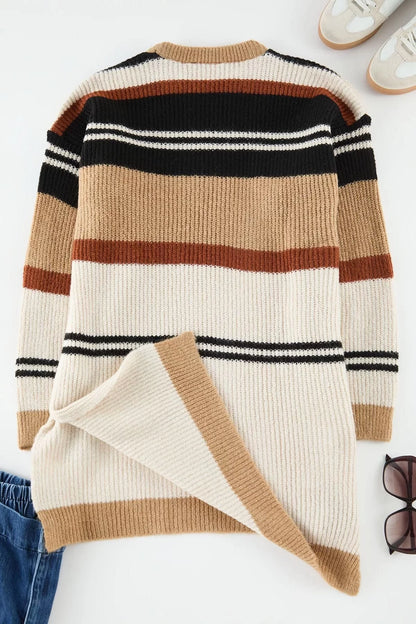 Women Fashion Stylish Plus Size Crew Neck Low Sleeve Long Striped Side Slit Knitwear Sweater