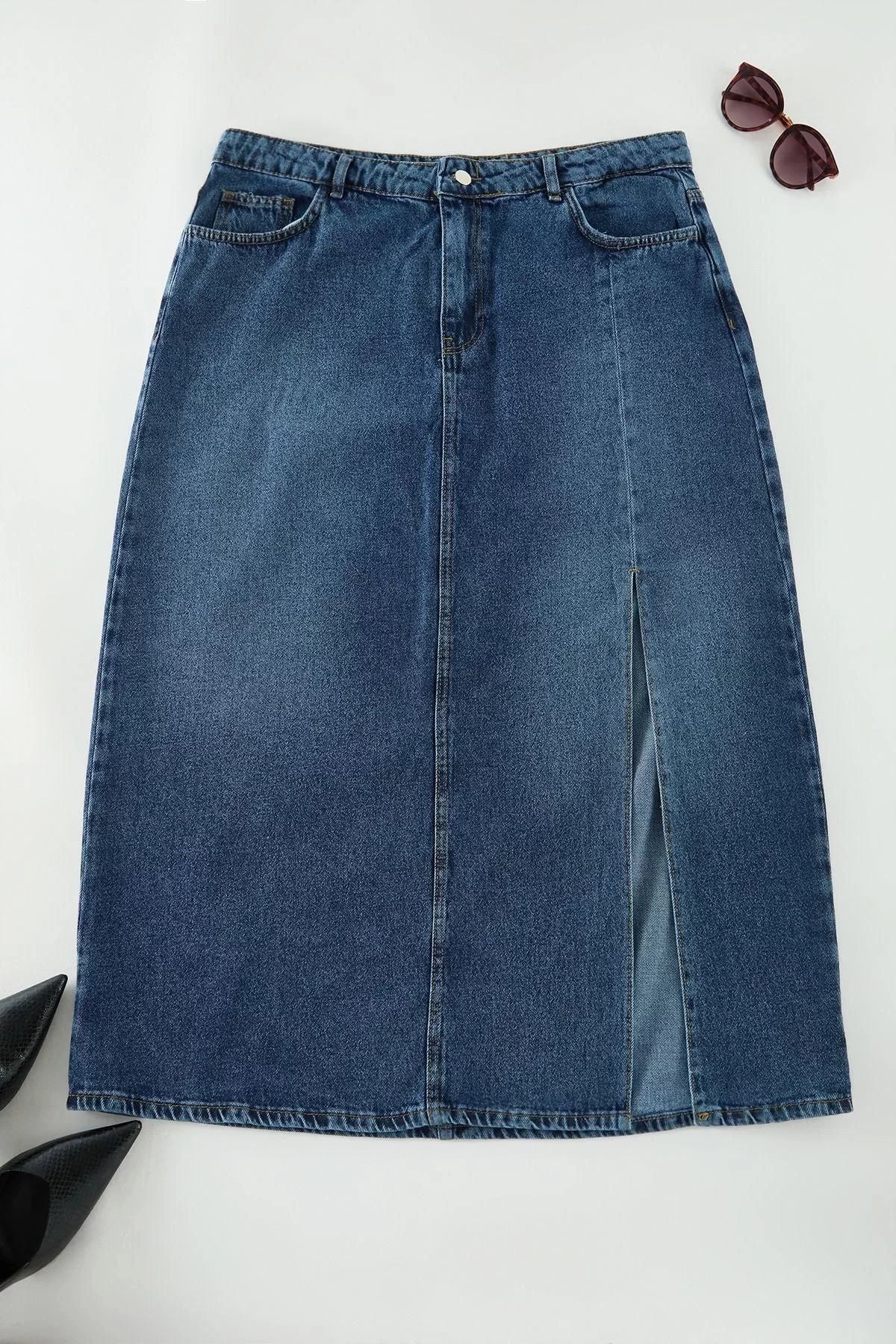 Women Fashion Style Midi Unlined Denim Plus Size High Waist Slit Denim Skirt