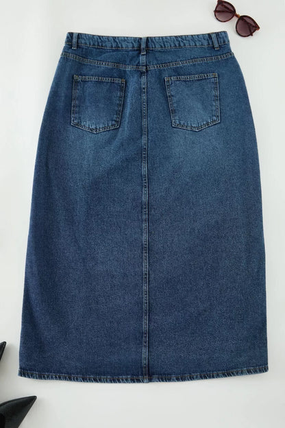 Women Fashion Style Midi Unlined Denim Plus Size High Waist Slit Denim Skirt