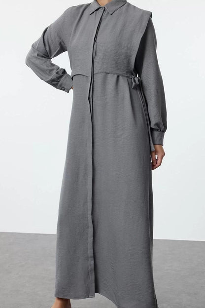 Women Fashion Stylish Hijab Maxi Length Shirt Collar Relaxed Belt Detailed Aerobin Woven Long Dress