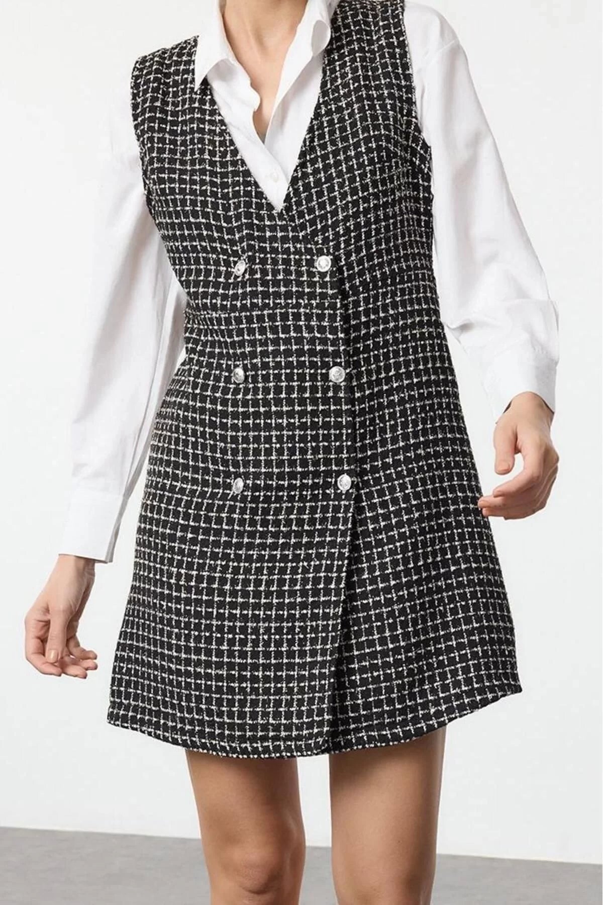 Women Fashion Stylish Mini Length V Neck Regular Tweed Fabric Vest Woven Dress