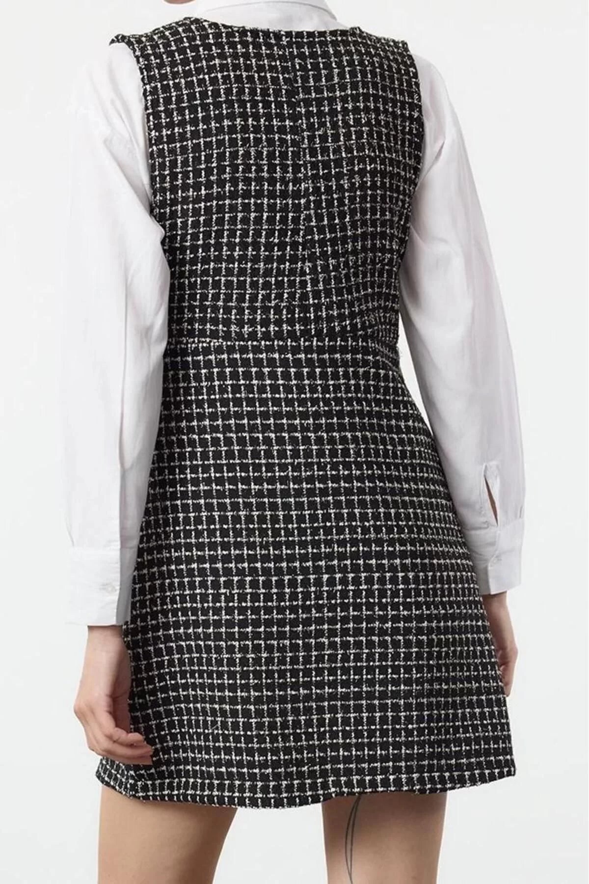 Women Fashion Stylish Mini Length V Neck Regular Tweed Fabric Vest Woven Dress